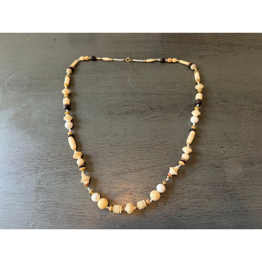Vintage Carved Cream Beaded Necklace Mixed Wood Gold Tone Boho Statement 19.5in